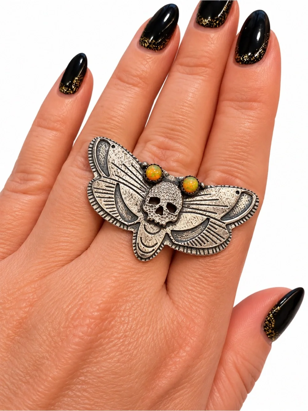 ✨ Sterling Silver Ethiopian Fire Opal Death Moth Ring ✨
